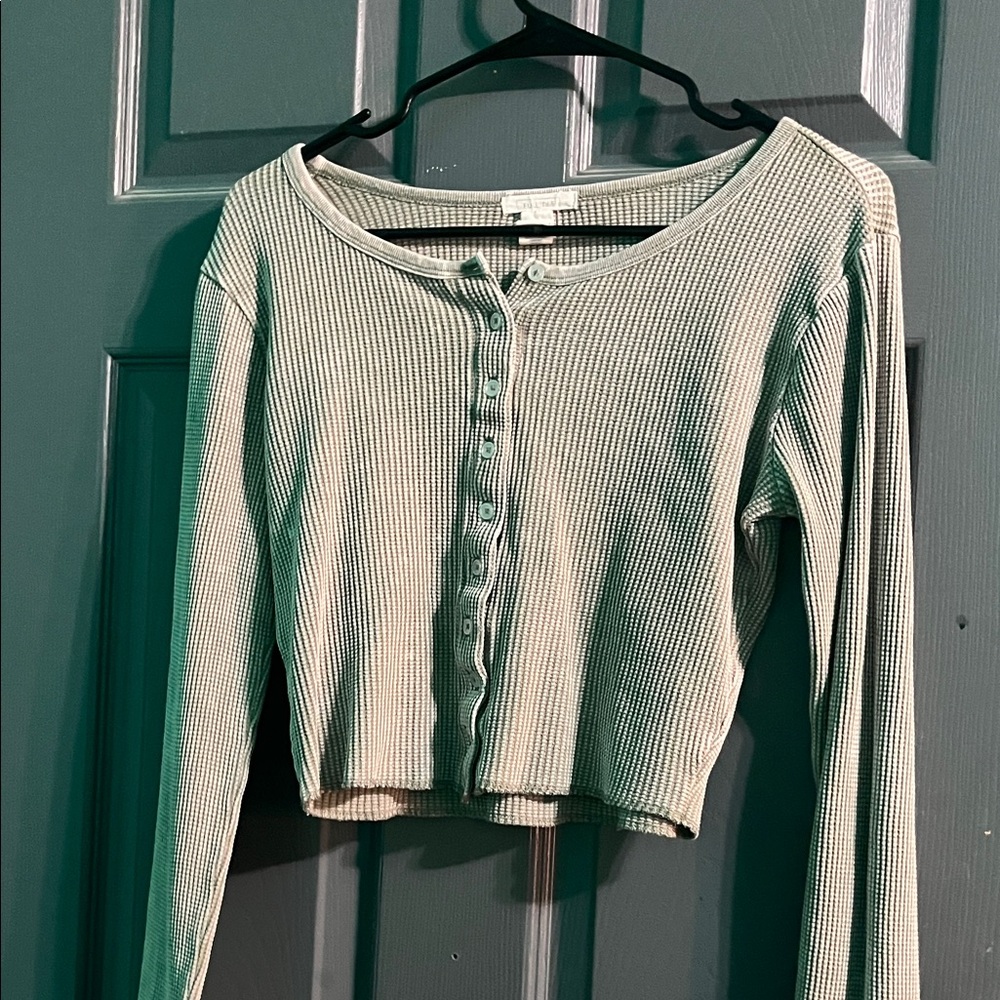 Full Tilt Sage Button-Down Ribbed Top